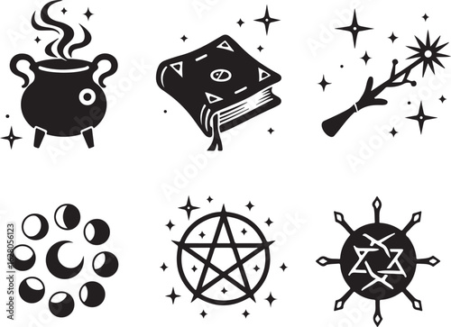 Mystic symbols cauldron, spellbook, wand, moon, pentagram, rune