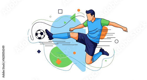 Dynamic depiction of a soccer athlete in motion, executing a powerful kick against a backdrop of vibrant abstract design elements highlighting the energy and speed of the sport