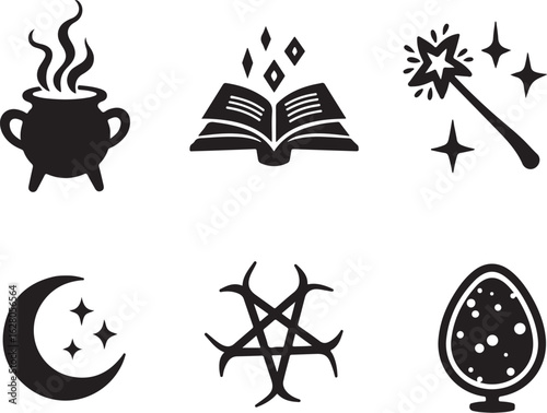 Magical icons: cauldron, book, wand, moon, symbol, crystal ball