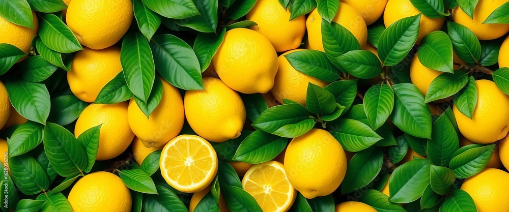 Vibrant yellow lemons & lush green leaves in a tropical seamless pattern , nature, bright