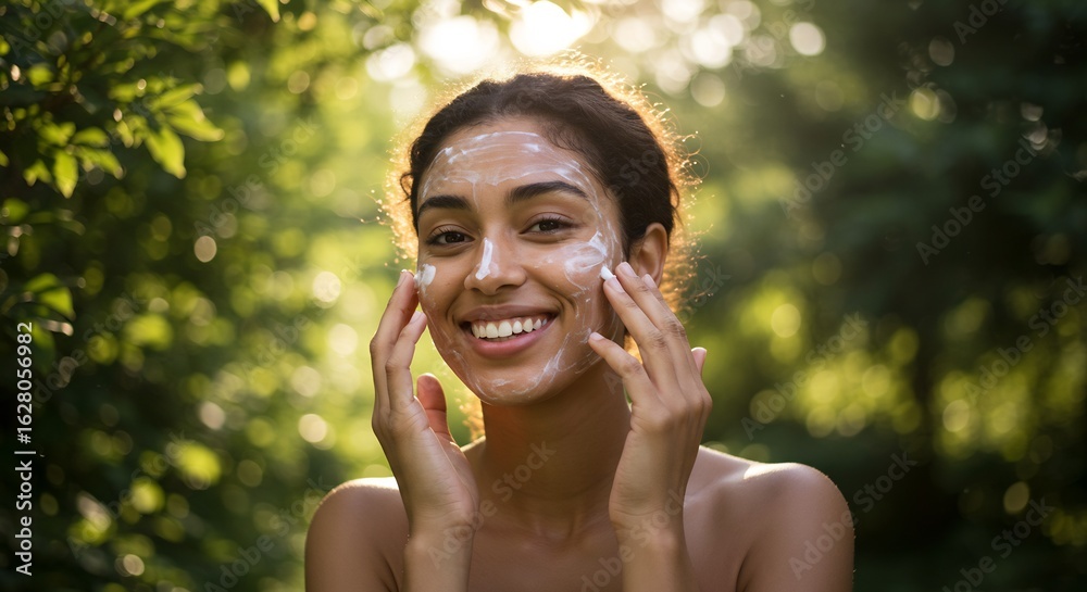 © nuyirdna - Young woman with cream on her face smiles directly at camera in sunny outdoor setting