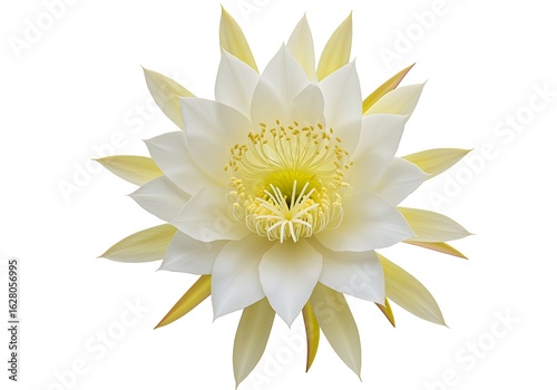 Stunning Epiphyllum oxypetalum Queen of the Night Flower Blooming with White Petals and Yellow Stamens on White Background