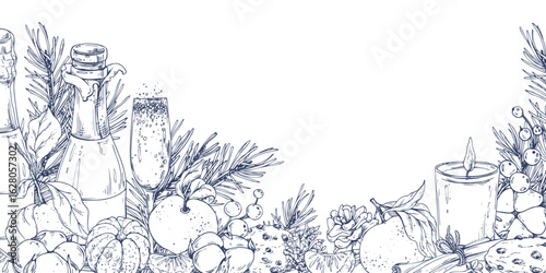 Horizontal hand drawn line art graphic illustration features a Christmas frame with candles, pine tree, champagne and citrus fruits. Perfect for holiday cards, invitations and holiday print design.