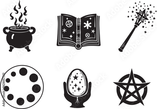 Mystical magic icons spellbook wand cauldron pentagram moon