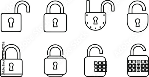 Isolated a kinds of deferent Lock icon. locked and unlocked black outline icon set for app, ui, ux and website. vector art with white background.