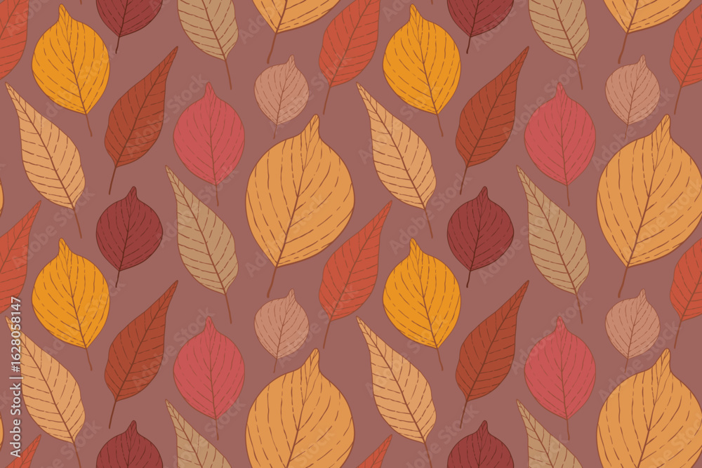 Obraz premium Hand Drawn Autumn Leaves Elegant Pattern. Botanical vintage fall leaves seamless pattern. Outline leaves and foliage pattern design for textile, fabrics, wrapping paper, packaging.