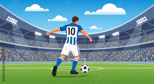 A vibrant depiction of a soccer player poised to strike the ball on a meticulously rendered field within a bustling stadium illuminated by stadium lights and a partially cloudy blue sky