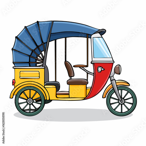 Whimsical Illustration of a Classic Auto Rickshaw with Blue Canopy and Vibrant Colors