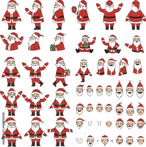 Isolated a kinds of deferent Santa Claus holiday character constructor for animation. Front, side and back view set. Body parts, postures, poses collection. vector art with white background.