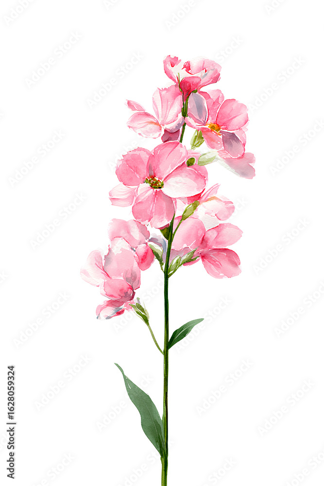 Single Pink Stock Flower in Delicate Watercolor Style, Upright Composition, Isolated on Transparent Background Single Pink Stock Flower in Delicate Watercolor Style, Upright Composition, Isolated on Transparent Background