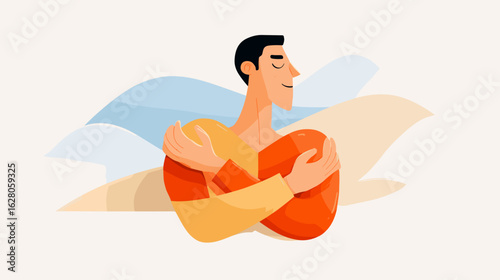 Man embracing himself with a peaceful expression and soft colors  