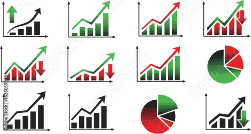 Isolated kinds of deferent business growth chart with arrow, growing graph icon set. simple increase and decrease bar symbol.. vector art with white background.