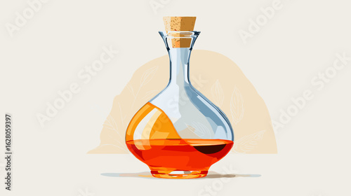 Glass decanter with amber liquid and cork stopper on neutral background  