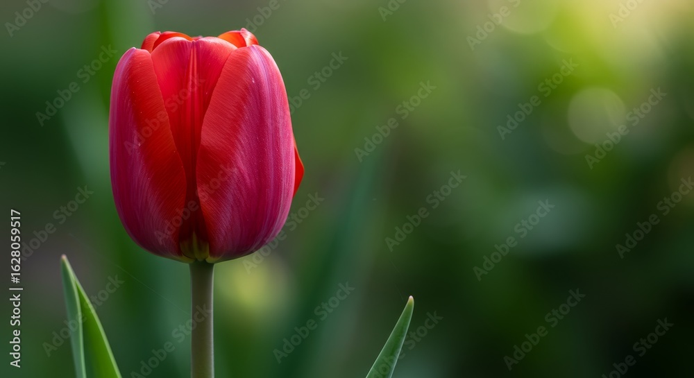 Naklejka premium Single Red Tulip Flower in Bloom Against Green Background