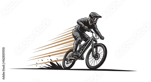 Dynamic Downhill Biker Illustration Capturing Speed and Motion on a Mountain Bike Trail with Expressive Lines and Graphic Style Revealing Intensity and Skillful Riding