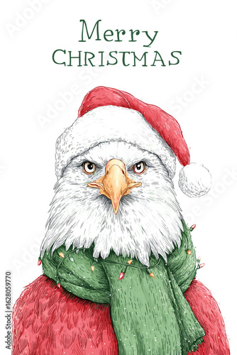 Christmas-themed eagle wearing Santa hat and green scarf with lights  