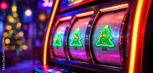 Neon Casino Slot machine with christmas trees, christmas fortune game concept. Banner size with Copy space