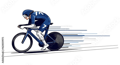 Dynamic cyclist illustration showcasing speed and determination in a sleek aerodynamic design against a clean white backdrop portraying momentum and athletic prowess