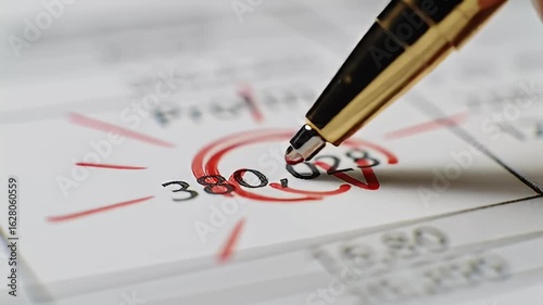 Close-up view of a golden pen pointing to the number 380,028 circled in red on white paper