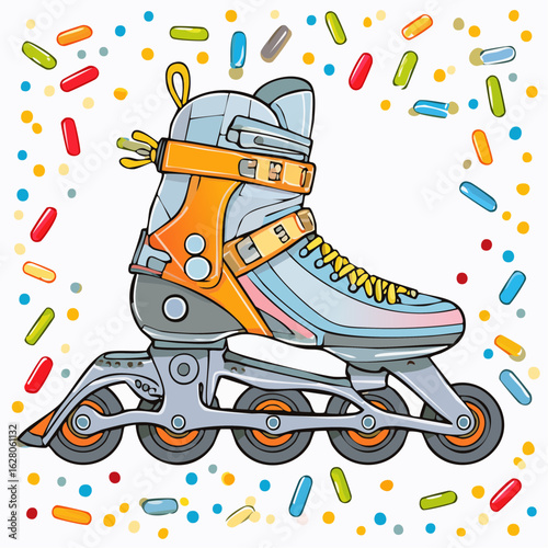 Whimsical roller skate illustration with sprinkles background design for youth fitness