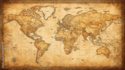 Vintage world map with aged parchment texture, detailed cartography in warm sepia tones for an antique aesthetic.