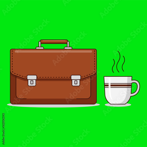 Cartoon illustration of a professional brown briefcase and a mug of hot coffee. Morning work routine and business essentials concept isolated on a chroma key background.