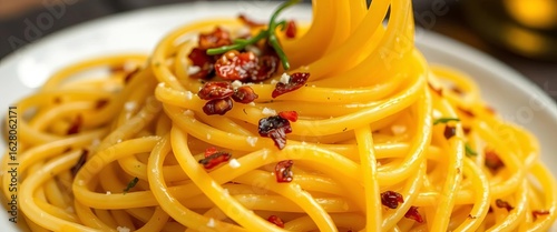 Close-up of spaghetti aglio e olio with chili flakes, glistening with olive oil,  ingredients,  italian