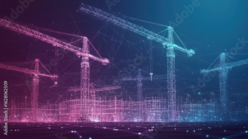A Construction Site with Lots of Tower Cranes. Low Poly wireframe digital 3D illustration. Polygons, lines, particles and connected dots. Horizontal banner template.