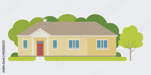 Yellow house with red door and green trees on a white background home building