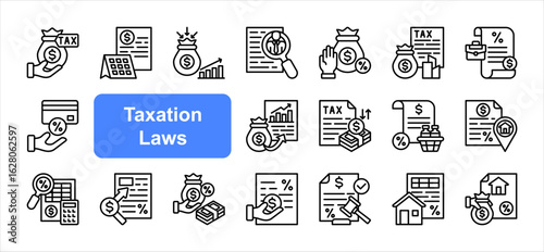 Taxation Laws  icon collection set. Containing Fiscal, Tax, Revenue collection, Self assessment, Corporate, Payroll, Tax credit.