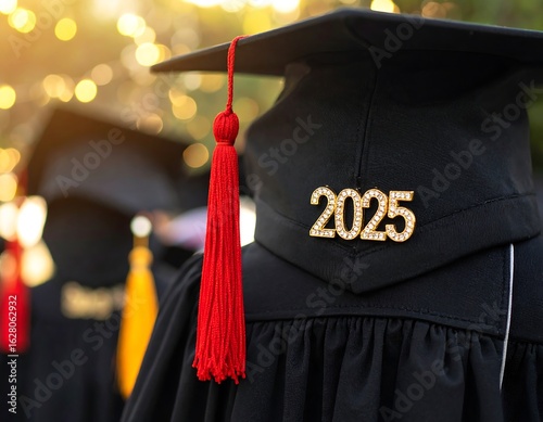 Close up of Graduation Cap with 2025 Pin and Red Tassel Celebrating Academic Achievement