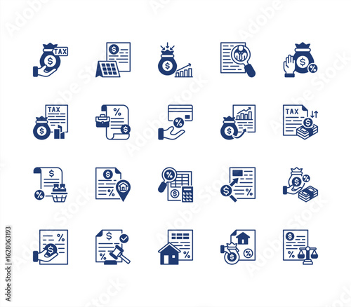 Taxation Laws icon collection set.  Payroll, Tax credit, Capital gain, Excise, Tax audit.
