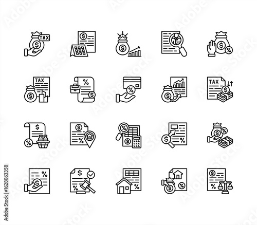 Taxation Laws icon collection set. Self assessment, Corporate, Payroll, Tax credit, Capital gain, Excise, Tax audit.