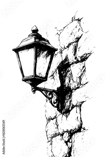 Illustration of a lantern on a stone wall