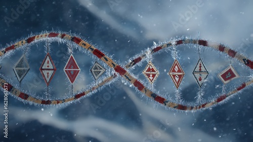 An ancient DNA helix crafted from Siberian ice crystals and nomadic symbols, blending science and heritage.