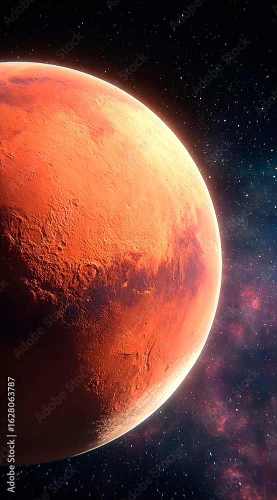 Naklejka premium Mars, Planet in Space, Realistic photo of red Earth-like alien world Mars with its surface texture, stars and galactic background, dark blue sky. Screensaver for app