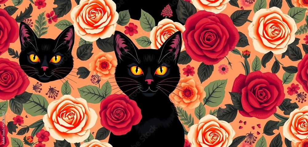 Groovy black cat and rose floral vector seamless pattern Witchy Halloween boho magic background, gothic, floral