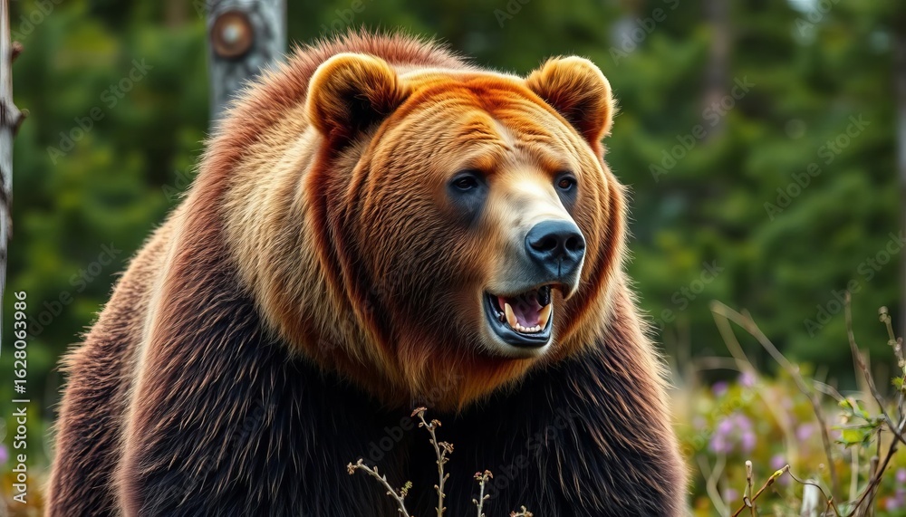 Obraz premium Grizzly bear, massive, brown fur, forest setting, calm, woods