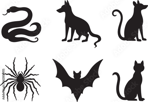 Spooky Halloween silhouettes include a snake, dog, cat, spider, bat
