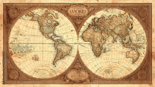 Vintage world map with aged parchment texture, detailed cartography in warm sepia tones for an antique aesthetic.