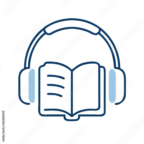 Open book with headphones illustrating audiobook concept  