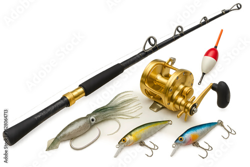 Fishing rod, reel, and various fishing lures arranged on a white background.