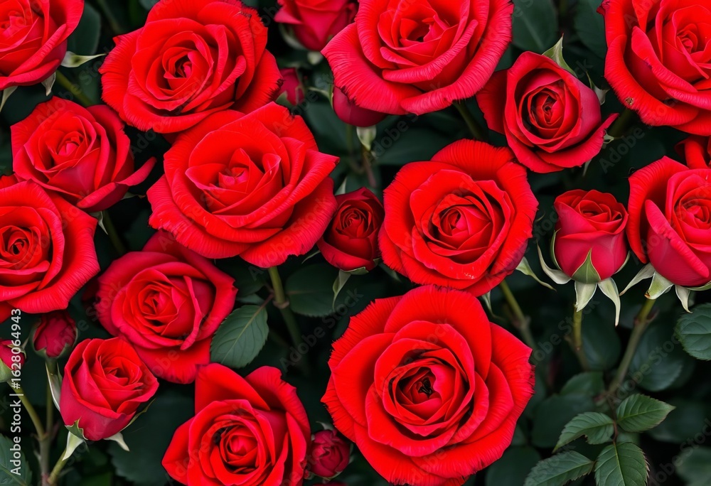 Obraz premium Intricate collage of velvety red roses, various stages of bloom, close-up detail, beauty, closeup