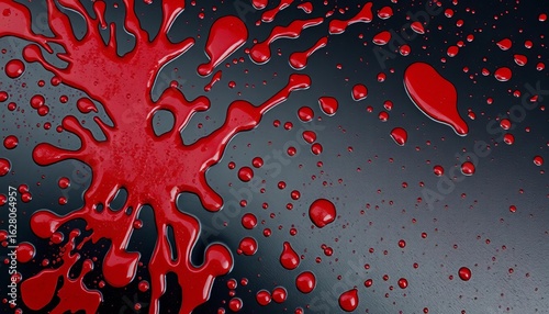 Intricate crimson blood spatter, dripping patterns on dark surface, medical, drips