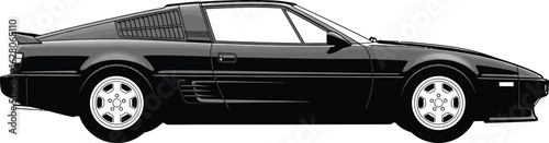 Sleek black sports car illustration capturing 1980s automotive design