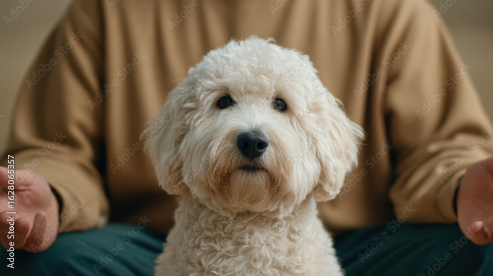 Cute fluffy white dog portrait celebrating international dog day. Adorable calm pet sits with its owner creating heartwarming moment Cute fluffy white dog portrait celebrating international dog day. Adorable calm pet sits with its owner creating heartwarming moment