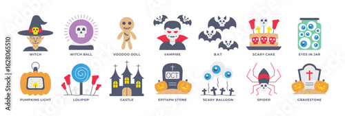 Flat Halloween vector icons in bold, fun style. Includes voodoo doll, scary cake, lollipop, spider, haunted castle, and gravestone. Perfect for infographics, decoration, and seasonal design.
