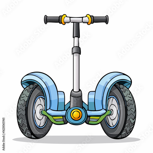 A cartoon illustration of a blue self-balancing electric scooter on a white background