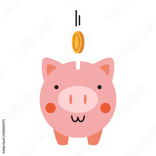 Front view of piggy bank with coin dropping in, concept of saving money