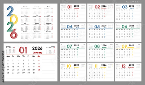 Calendar, planner for 2026. Horizontal, set of 12 pages and covers, A4, English.